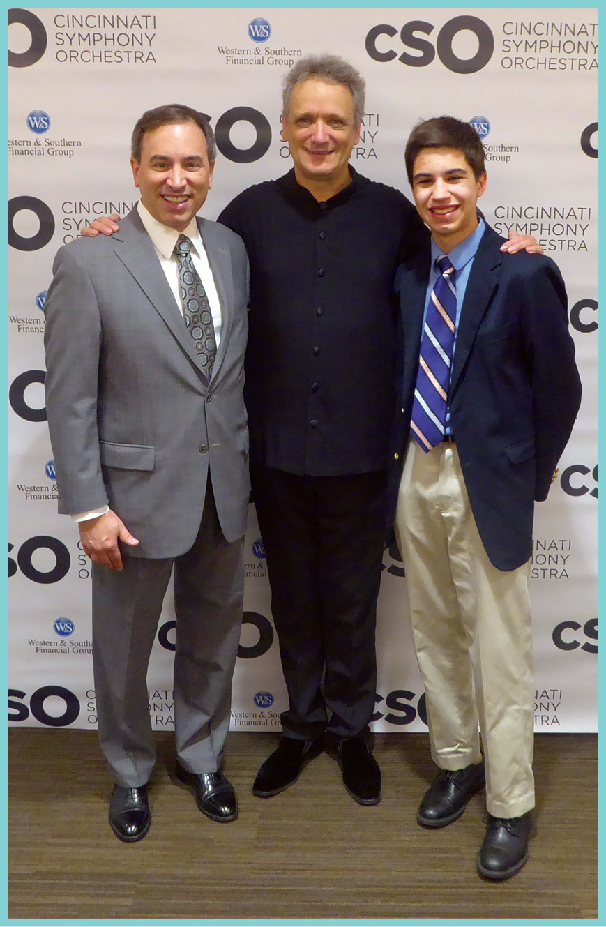 Dean Moulas and his son, J. Andrew Moulas, with CSO Music Director Louis Langrée